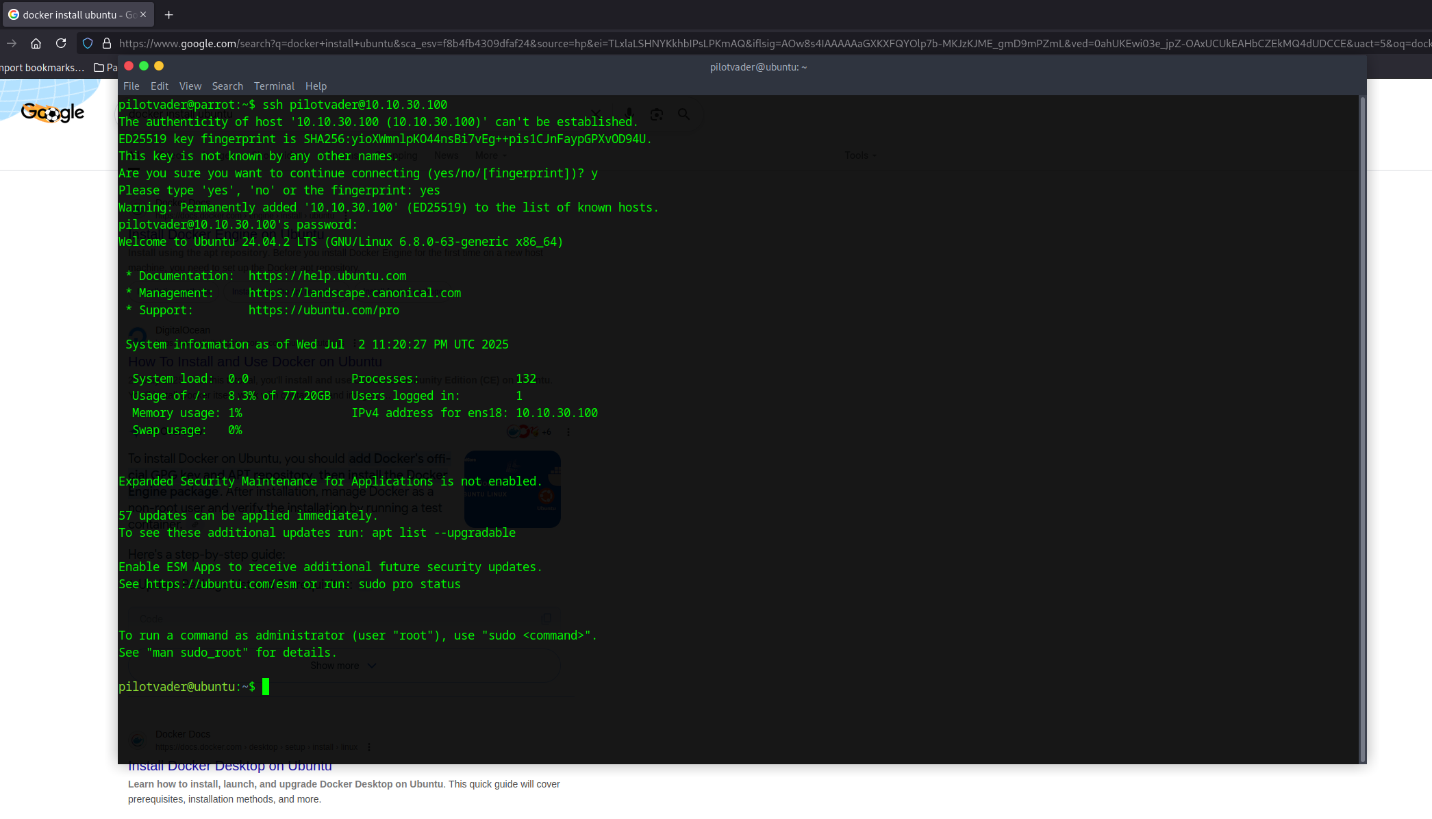 SSHed into my ubuntu server from parrot OS